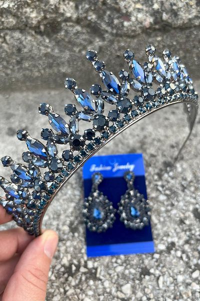 Hobigram Ivanna Navy Blue Bridal Henna Crown Special Occasion Accessory Women's Crown and Drop Shuttle Earring Set
