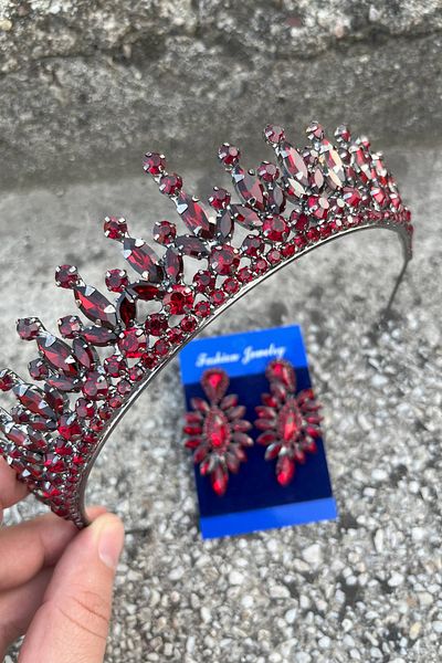 Hobigram Ivanna Burgundy Bridal Henna Crown Special Occasion Accessory Women's Crown and Thin Shuttle Earring Set