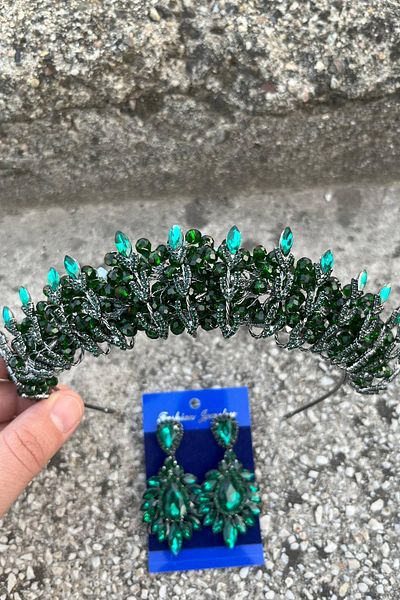 Hobigram Salome Green Bridal Henna Crown Special Occasion Accessory Women's Crown and Wide Shuttle Earrings Set