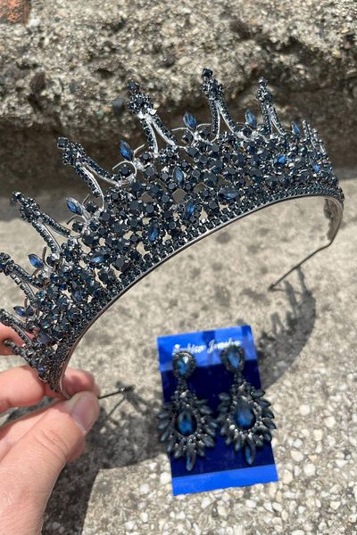 Hobigram Victoria Navy Blue Bridal Henna Crown Special Occasion Accessory Women's Crown and Wide Shuttle Earring Set