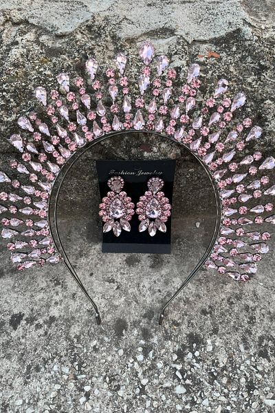 Hobigram Michaelle Pink Bridal Henna Crown Special Occasion Accessory Women's Crown and Three Shuttle Earrings Set
