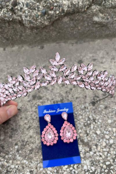 Hobigram Silvana Pink Bridal Henna Crown Special Occasion Accessory Women's Crown and Drop Shuttle Earrings Set