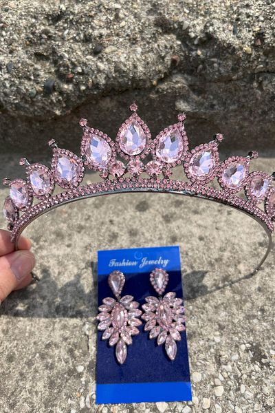 Hobigram Renata Pink Bridal Henna Crown Special Occasion Accessory Women's Crown and Thin Shuttle Earring Set