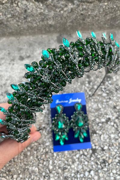Hobigram Salome Green Bridal Henna Crown Special Occasion Accessory Women's Crown and Three Shuttle Earrings Set