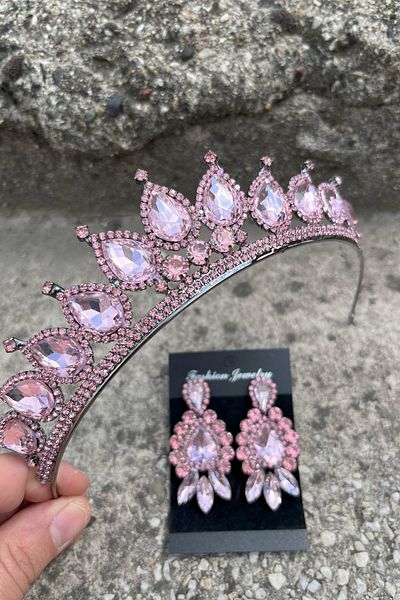 Hobigram Renata Pink Bridal Henna Crown Special Occasion Accessory Women's Crown and Three Shuttle Earrings Set
