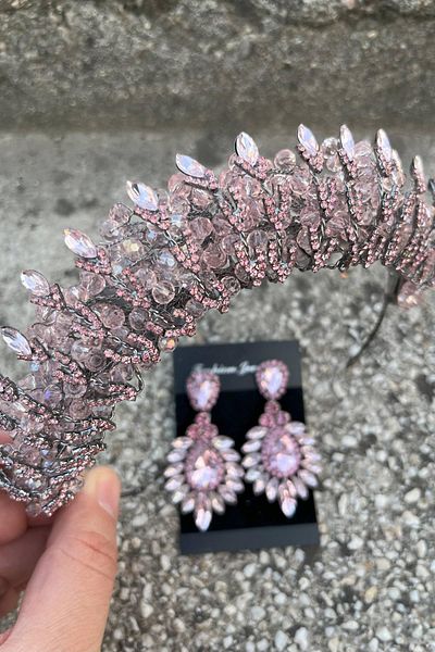 Hobigram Salome Pink Bridal Henna Crown Special Occasion Accessory Women's Crown and Wide Shuttle Earring Set