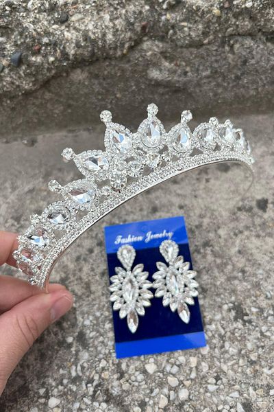 Hobigram Renata Silver Bridal Henna Crown Special Occasion Accessory Women's Crown and Thin Shuttle Earring Set