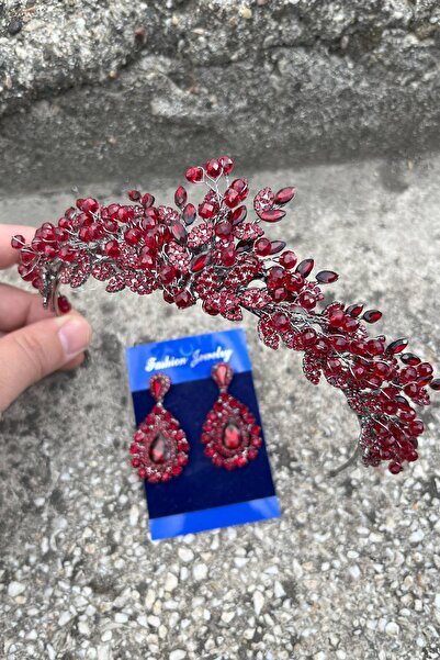 Hobigram Michaelle Burgundy Bridal Henna Crown Special Occasion Accessory Women's Crown and Drop Shuttle Earring Set