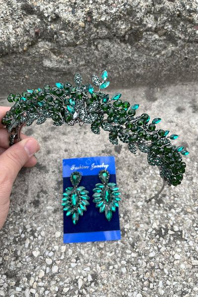 Hobigram Michaelle Green Bridal Henna Crown Special Occasion Accessory Women's Crown and Thin Shuttle Earrings Set