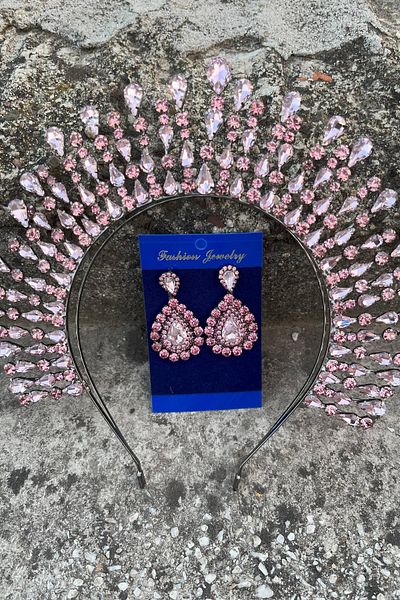Hobigram Michaelle Pink Bridal Henna Crown Special Occasion Accessory Women's Crown and Drop Shuttle Earrings Set