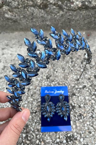 Hobigram Regina Navy Blue Bridal Henna Crown Special Occasion Accessory Women's Crown and Thin Shuttle Earring Set