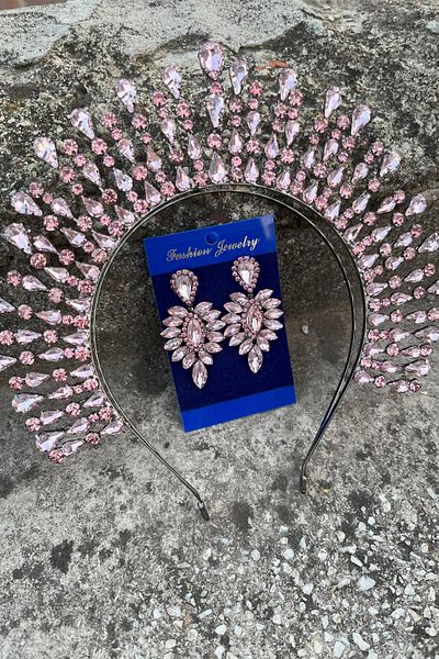 Hobigram Michaelle Pink Bridal Henna Crown Special Occasion Accessory Women's Crown and Thin Shuttle Earring Set