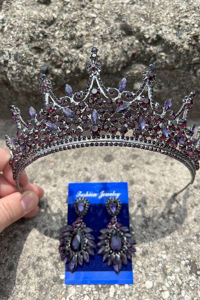 Hobigram Victorian Purple Bridal Henna Crown Special Occasion Accessory Women's Crown and Wide Shuttle Earring Set