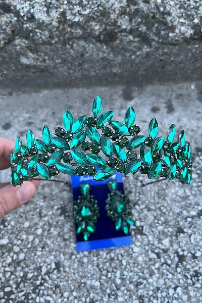 Hobigram Regina Green Bridal Henna Crown Special Occasion Accessory Women's Crown and Three Shuttle Earrings Set