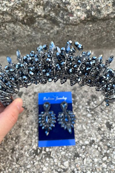 Hobigram Salome Navy Blue Bridal Henna Crown Special Occasion Accessory Women's Crown and Thin Shuttle Earring Set