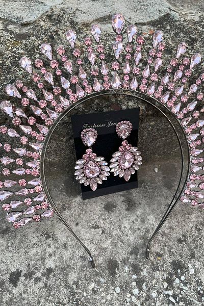 Hobigram Michaelle Pink Bridal Henna Crown Special Occasion Accessory Women's Crown and Wide Shuttle Earrings Set