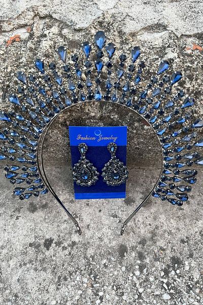 Hobigram Michaelle Navy Blue Bridal Henna Crown Special Occasion Accessory Women's Crown and Drop Shuttle Earring Set