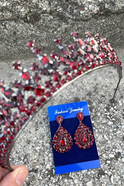 Hobigram Ivanna Burgundy Bridal Henna Crown Special Occasion Accessory Women's Crown and Drop Shuttle Earring Set