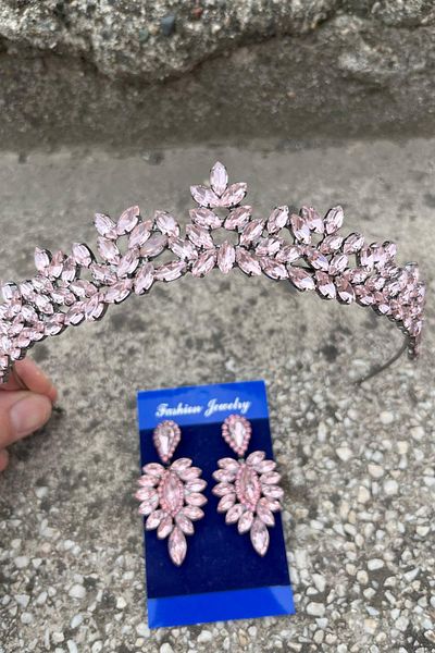 Hobigram Silvana Pink Bridal Henna Crown Special Occasion Accessory Women's Crown and Thin Shuttle Earring Set