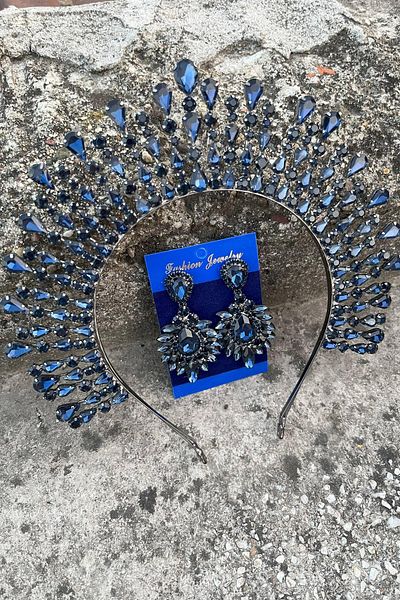 Hobigram Michaelle Navy Blue Bridal Henna Crown Special Occasion Accessory Women's Crown and Wide Shuttle Earring Set