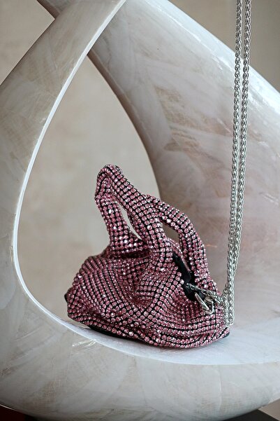Moom Bag Women's Pink Stone Double Handle Chain Evening Bag