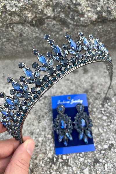 Hobigram Ivanna Navy Blue Bridal Henna Crown Special Occasion Accessory Women's Crown and Three Shuttle Earrings Set