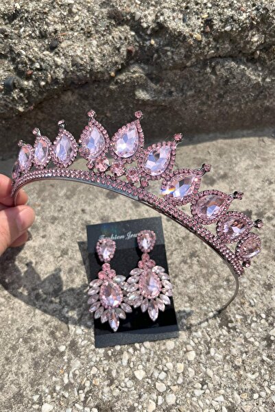 Hobigram Renata Pink Bridal Henna Crown Special Occasion Accessory Women's Crown and Wide Shuttle Earrings Set