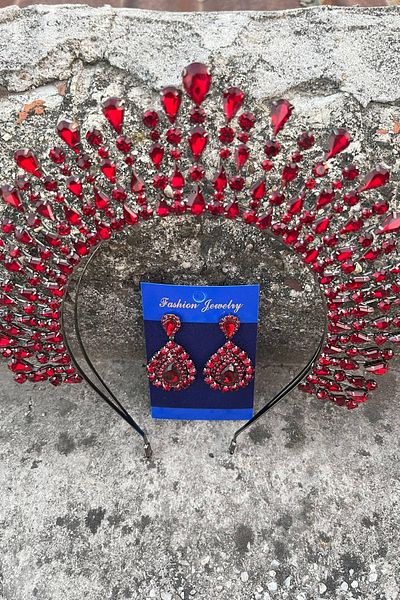 Hobigram Michaelle Burgundy Bridal Henna Crown Special Occasion Accessory Women's Crown and Drop Shuttle Earring Set