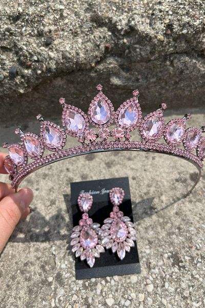 Hobigram Renata Pink Bridal Henna Crown Special Occasion Accessory Women's Crown and Wide Shuttle Earrings Set