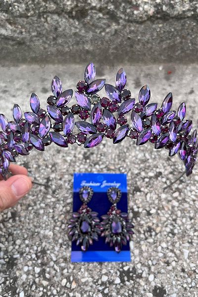 Hobigram Regina Purple Bridal Henna Crown Special Occasion Accessory Women's Crown and Wide Shuttle Earring Set