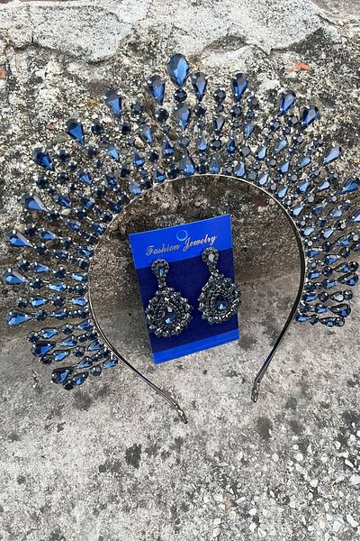 Hobigram Michaelle Navy Blue Bridal Henna Crown Special Occasion Accessory Women's Crown and Drop Shuttle Earring Set