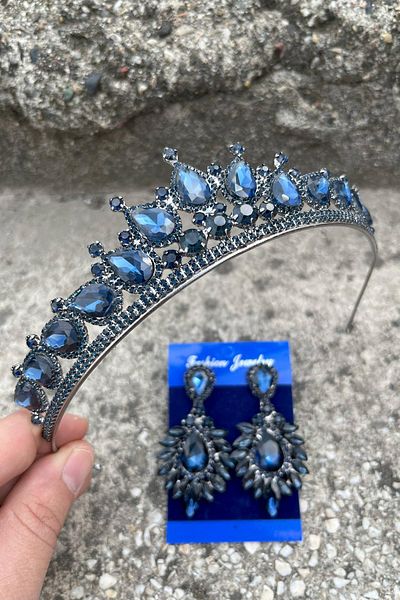 Hobigram Renata Navy Blue Bridal Henna Crown Special Occasion Accessory Women's Crown and Wide Shuttle Earring Set