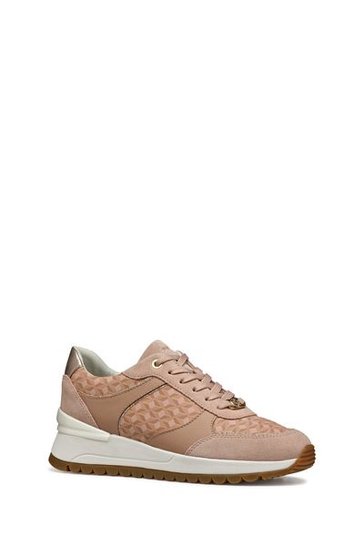 Geox Women's Beige Lace-Up Thick Sole Patterned Leather Sneaker D5500A00422C8156