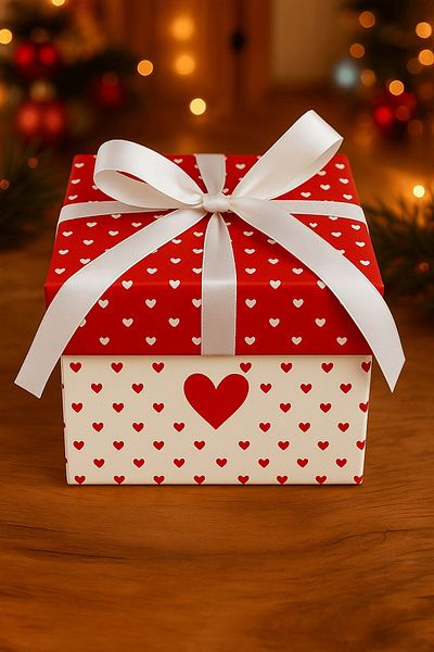Emtory Home Christmas Gift Box Red and White Gift Package with Heart - Christmas Ornament - Ribbon Included