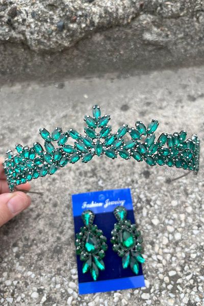 Hobigram Silvana Green Bridal Henna Crown Special Day Accessory Women's Crown and Three Shuttle Earrings Set
