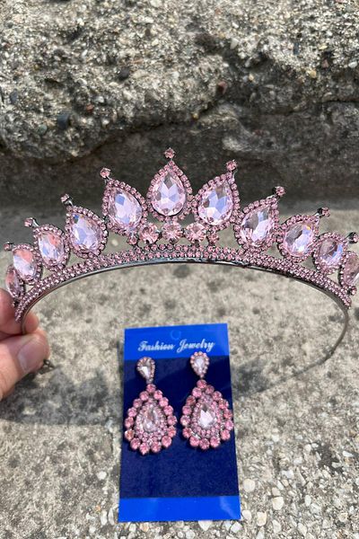 Hobigram Renata Pink Bridal Henna Crown Special Occasion Accessory Women's Crown and Drop Shuttle Earring Set
