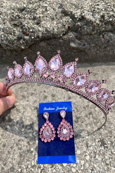 Hobigram Renata Pink Bridal Henna Crown Special Occasion Accessory Women's Crown and Drop Shuttle Earring Set