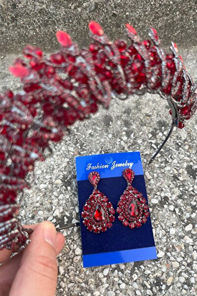 Hobigram Salome Burgundy Bridal Henna Crown Special Occasion Accessory Women's Crown and Drop Shuttle Earring Set