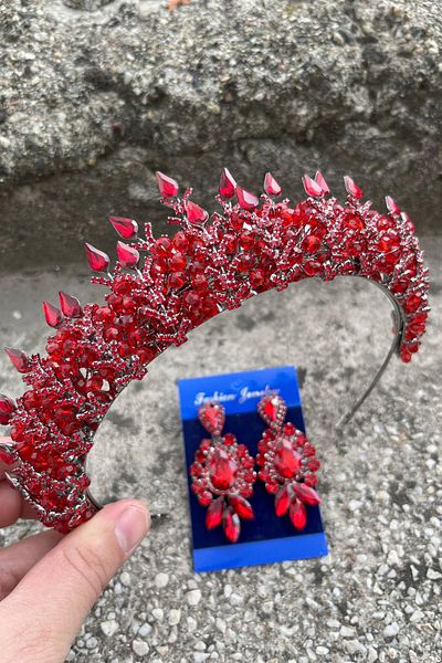 Hobigram Salvatore Red Bridal Henna Crown Special Occasion Accessory Women's Crown and Three Shuttle Earrings Set
