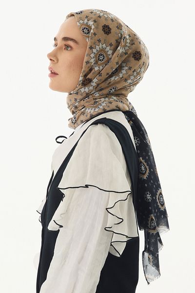 FENZA SCARF Ethnic Pattern Cotton Shawl - Beige-Black