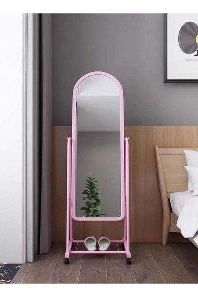 Generic Full Length Mirror with Stand and Adjustable Wheels 160x39cm Pink