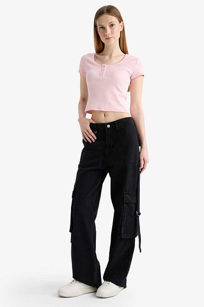 DeFacto Cool Fitted Round Neck Crop Twill Κοντομάνικο T-shirt F5185ax25sm