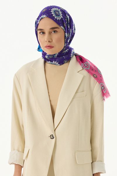 FENZA SCARF Ethnic Pattern Cotton Shawl - Blue-Fuchsia