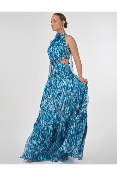 Kayra Abstract Pattern Ruffled Evening Dress Oil