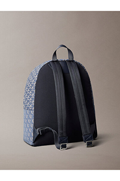 Calvin Klein Men's Blue Backpack with Front Zipper Pocket Ck Monogram Logo Pattern Laptop Compartment Lv04G