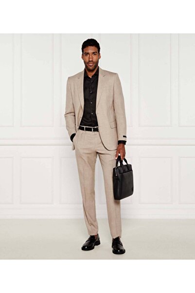 BOSS Erkek Saf Yün, İpek ve Keten Karışımlı Fit Kesim Tamamen Astarlı Bej Takım Elbise 50549196-288