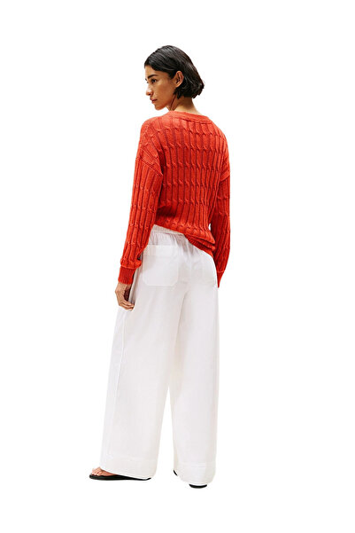 Tommy Hilfiger Kadın Yüksek Bel Geniş Paça Rahat Kesim Beyaz Pantolon WW0WW45891-YCF