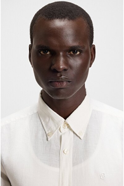 BOSS Erkek Uzun Kol İnce Ferah Düz Kumaş Düğme Kapama Gömlek Yaka Beyaz Gömlek 50545218-100