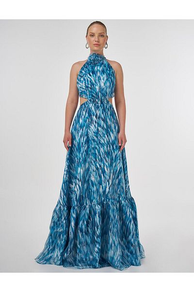Kayra Abstract Pattern Ruffled Evening Dress Oil
