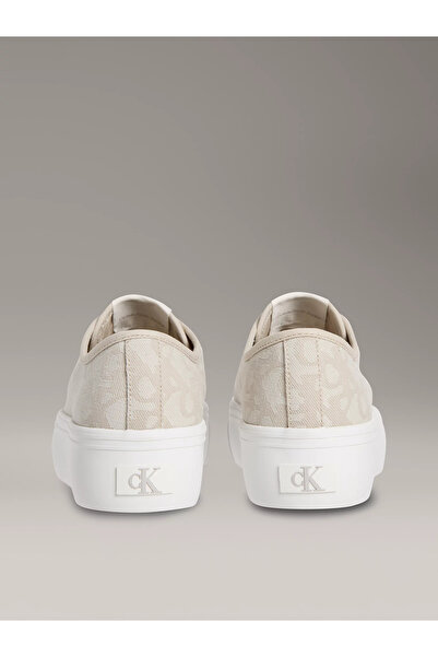 Calvin Klein Kadın Kalın Yüksek Topuk Bağlamalı Desenli Dokuma Kumaş Ck Desen Bej Sneaker YW0YW01965-0GA